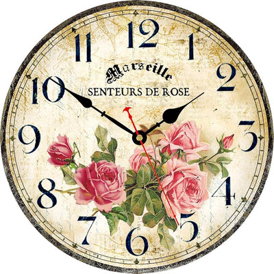 Reloj pared madera redondo 14pulg cuarzo vintage floral