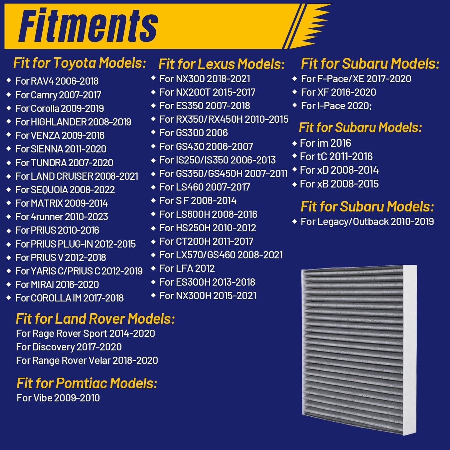Filtro aire cabina Toyota Camry Corolla Rav4 con carbón
