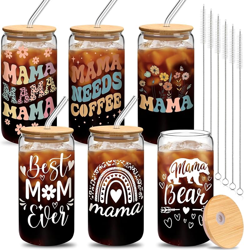 6 Vasos Vidrio 16oz con Tapas Bambú y Pajita Regalo Mamá