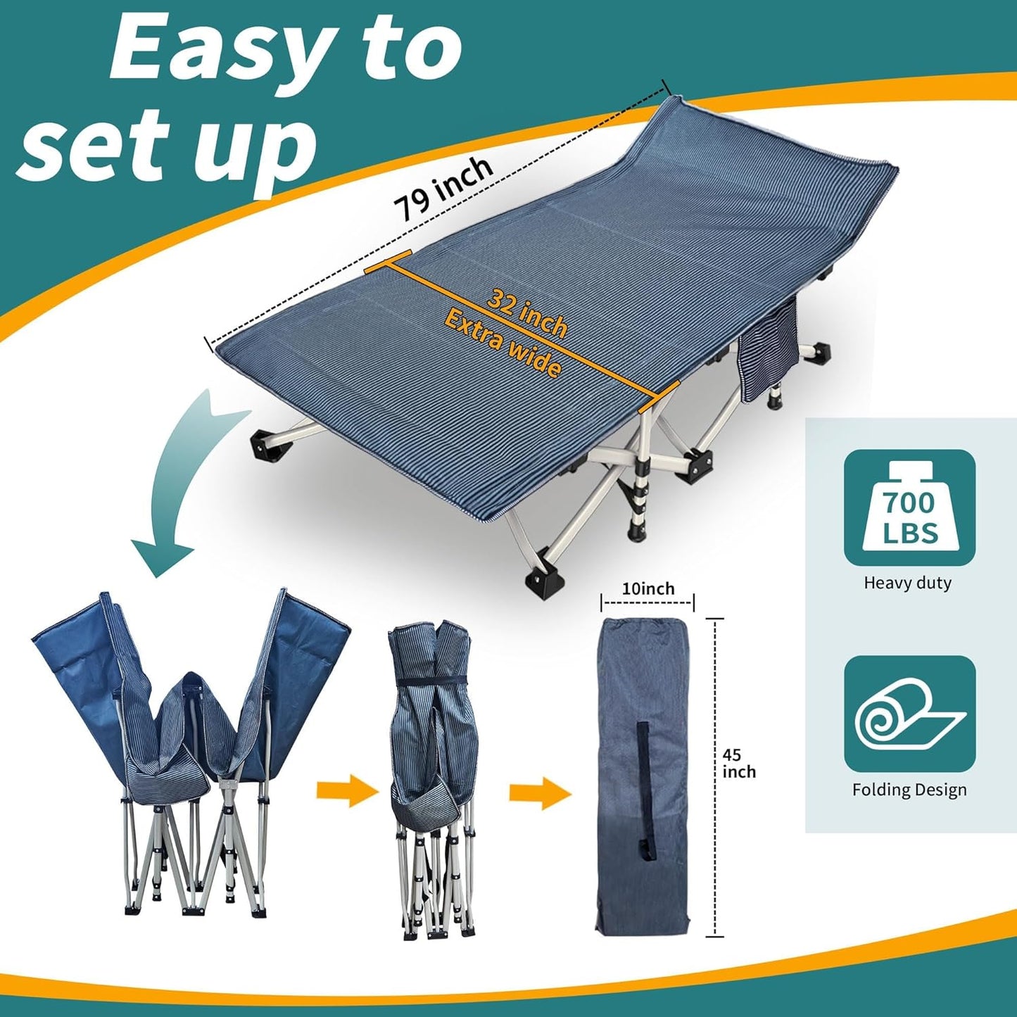 Catre plegable XXL 79x32pulg con colchón y bolsa transporte