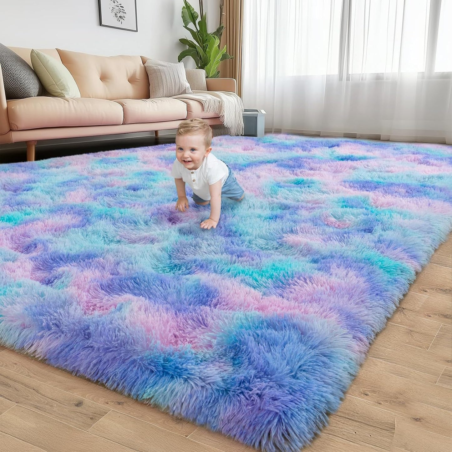 Alfombra felpa moderna arcoíris morado dormitorio niños