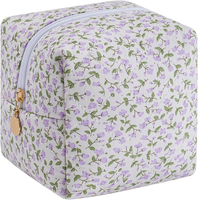 Bolsa maquillaje algodón acolchada con cremallera floral púrpura