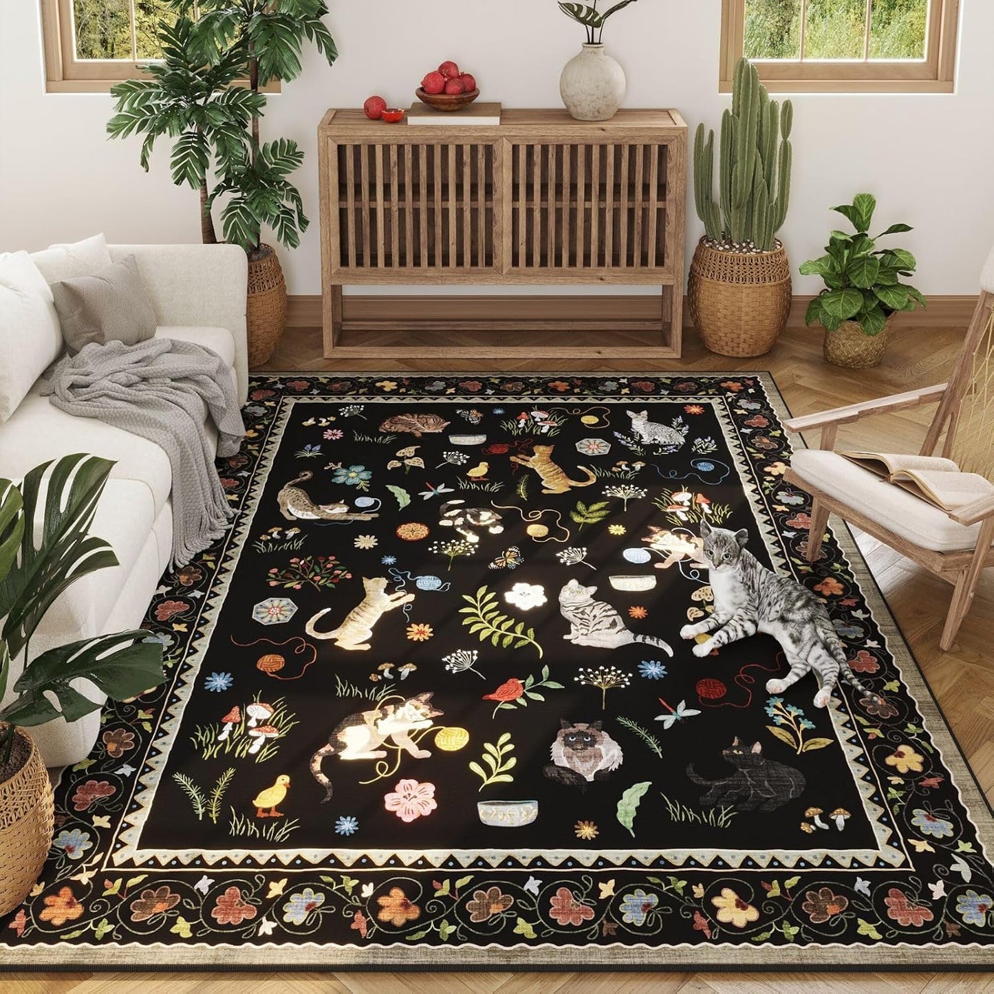 Alfombra sala 5x7pulg lavable boho floral gato vintage
