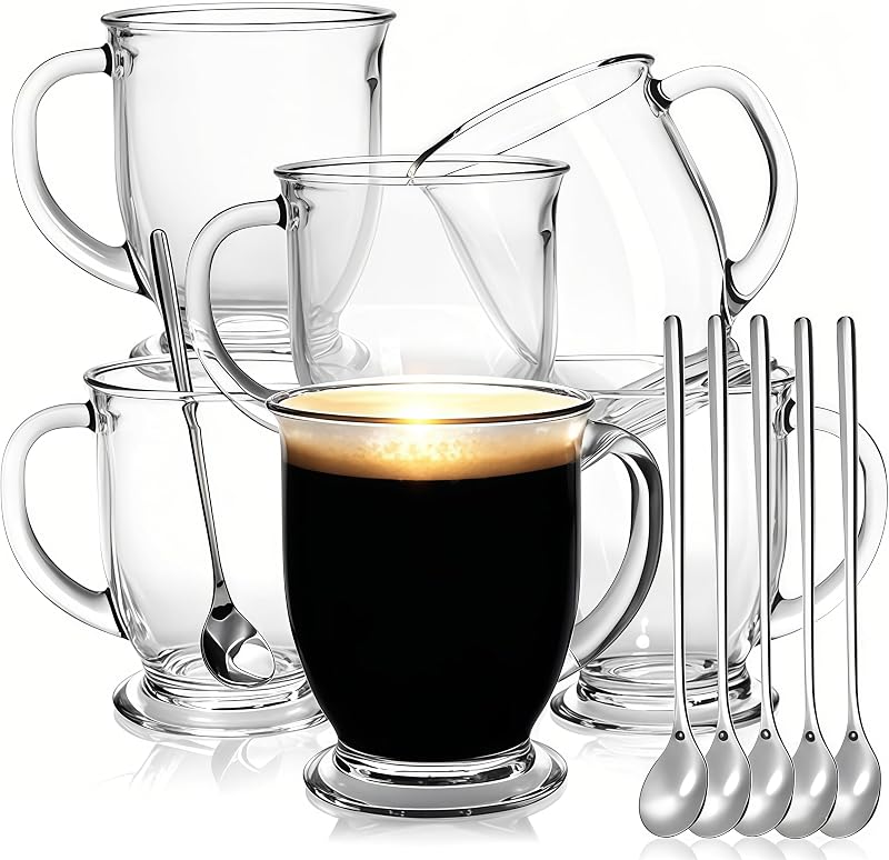 6 Tazas Vidrio 15oz con Cucharas para Café Té Capuchino