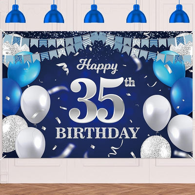 Pancarta feliz cumpleaños 35 años globos azul confeti brindemos