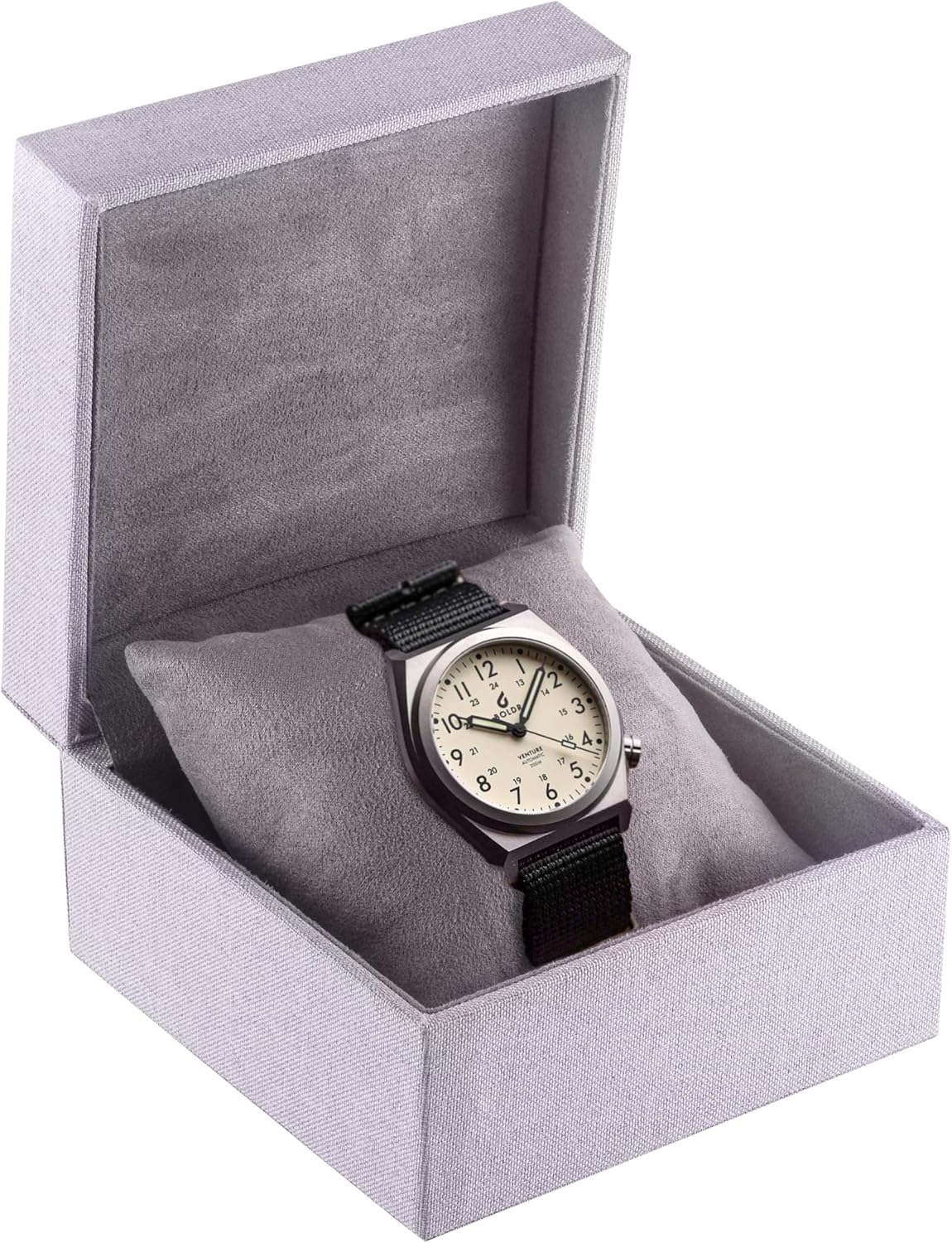 Caja reloj y brazalete tejido lino interior ante marfil