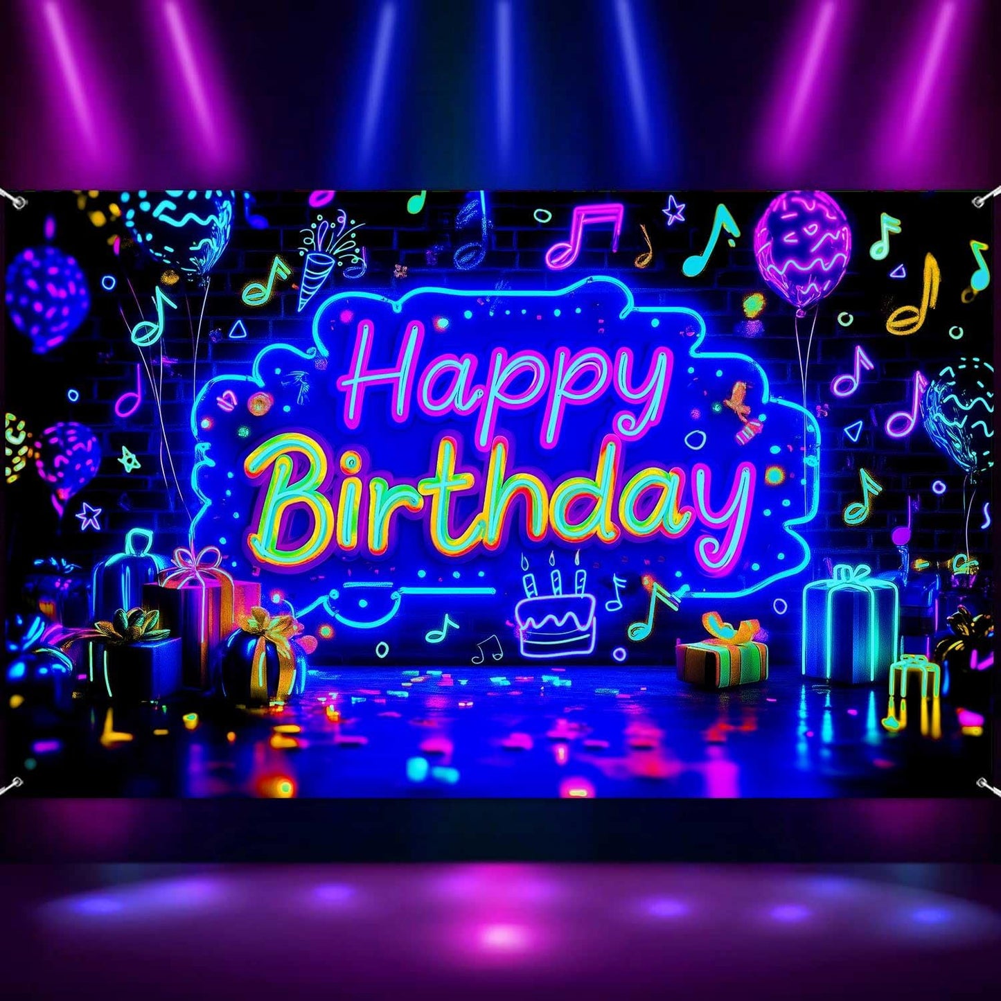 Pancarta neón cumpleaños con luz negra reactiva