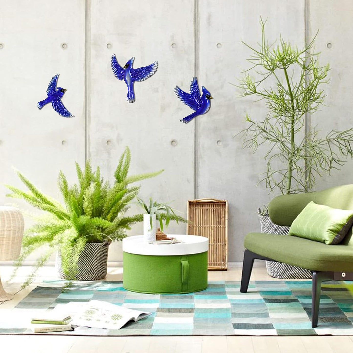Decoración pared pájaros metal azul para sala dormitorio