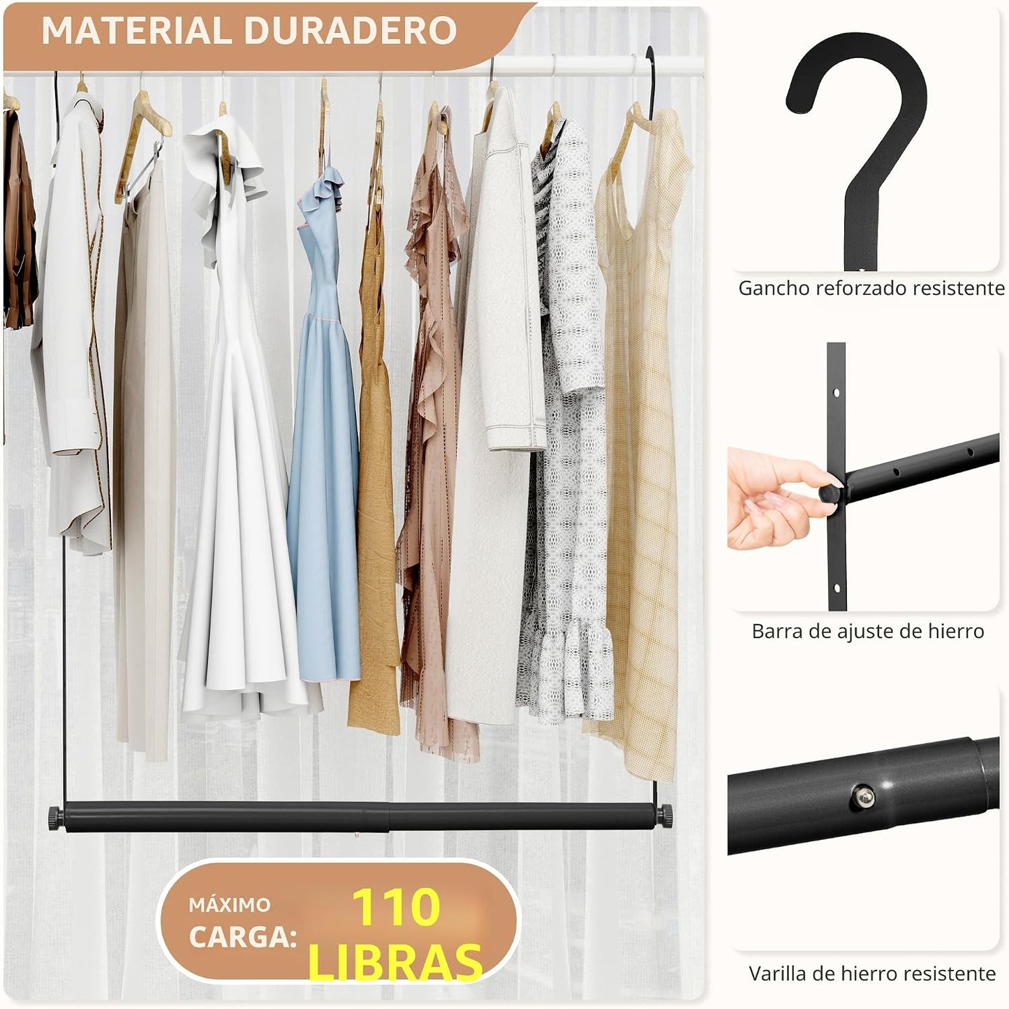 Barra colgar ropa ajustable 17.9-29.7" metal negro