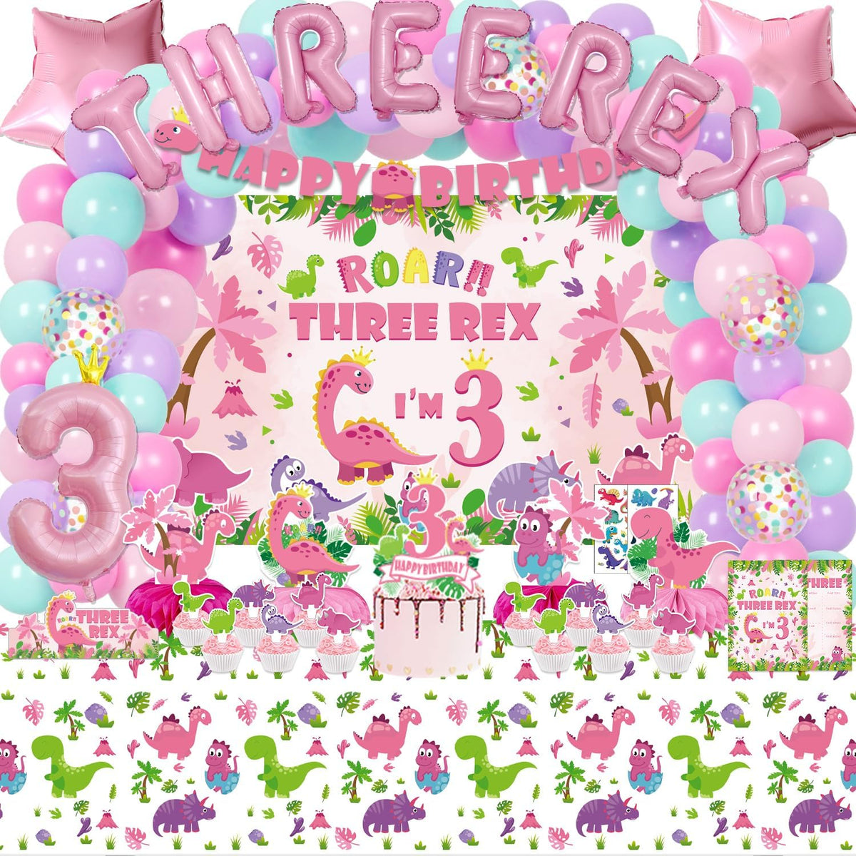 Decoración cumpleaños dinosaurio rosa para niña 3 años 134 pzas