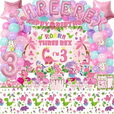Decoración cumpleaños dinosaurio rosa para niña 3 años 134 pzas