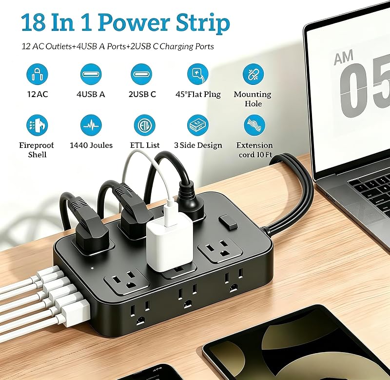 Multicontacto plano 12 tomas 6 USB con proteccion