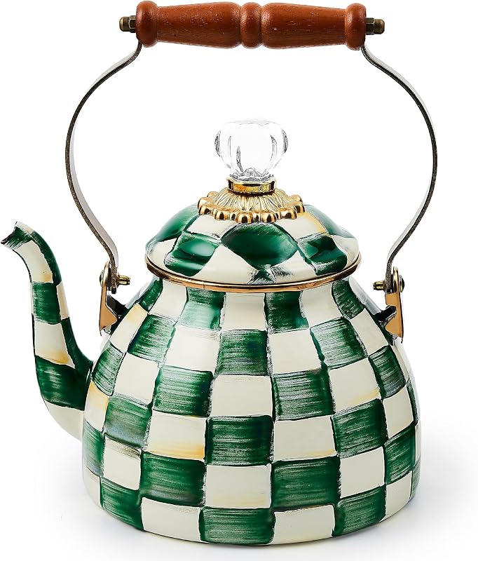 Hervidor té esmaltado cuadros esmeralda verde y blanco 2qt