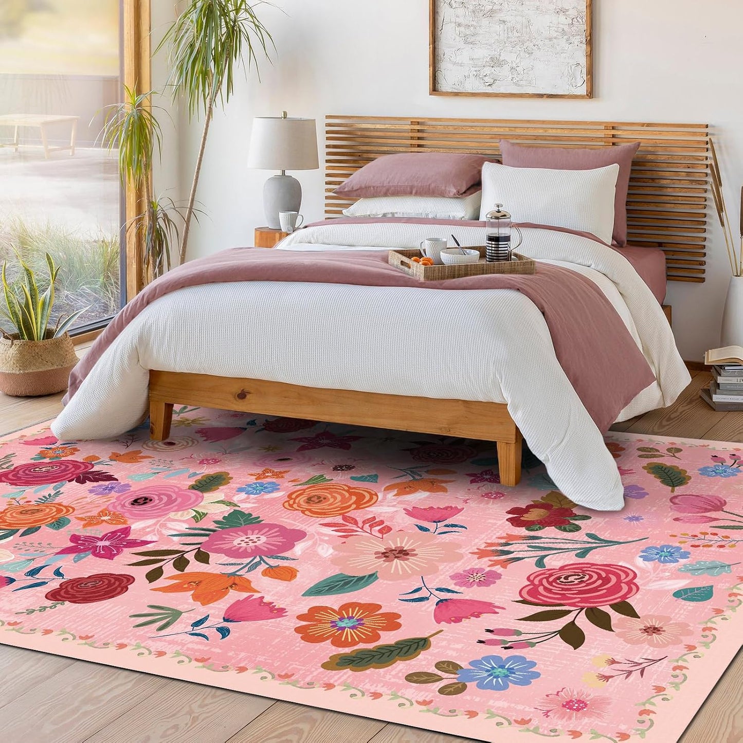 Alfombra lavable 5x7ft color rosa bohemio antiderrap