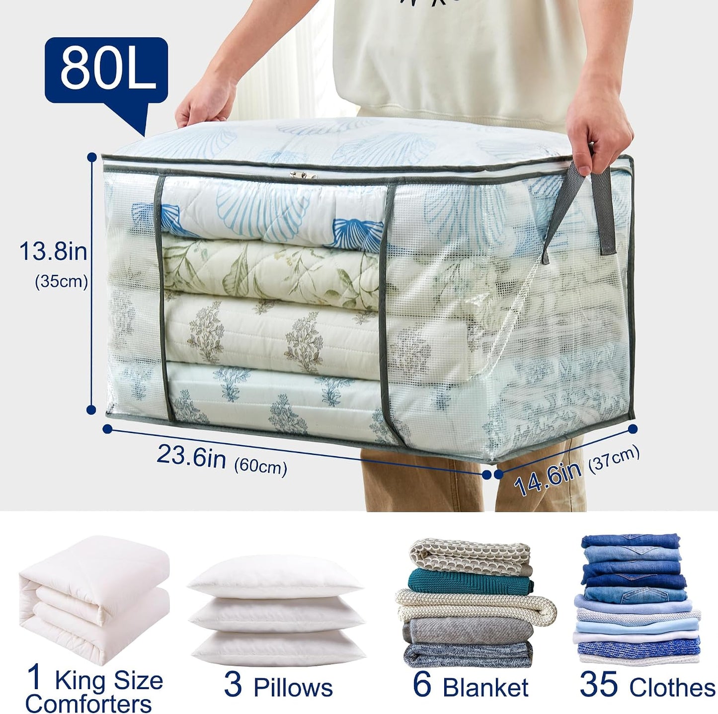 Bolsa almacenamiento transparente 80L para ropa mantas