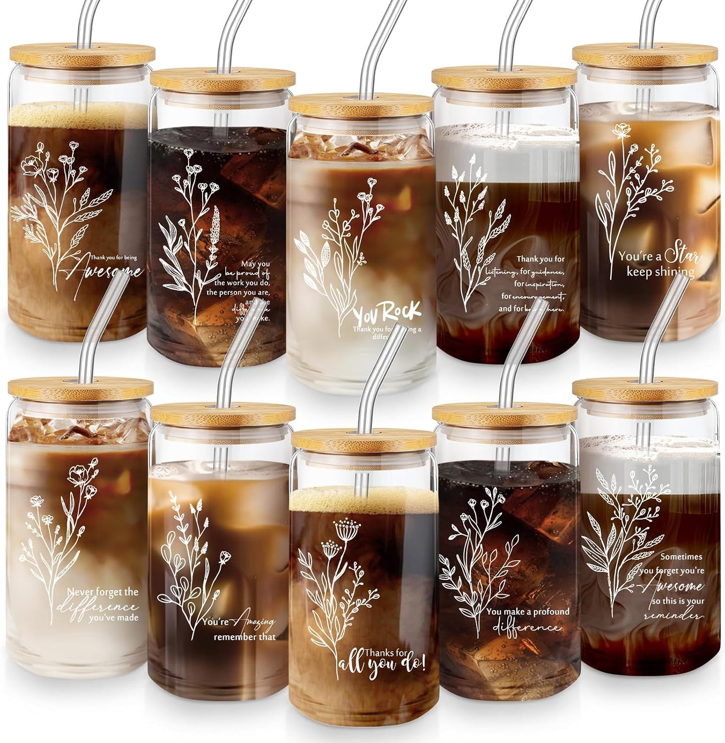 Vasos vidrio 16oz con tapa popote 20uds multicolor