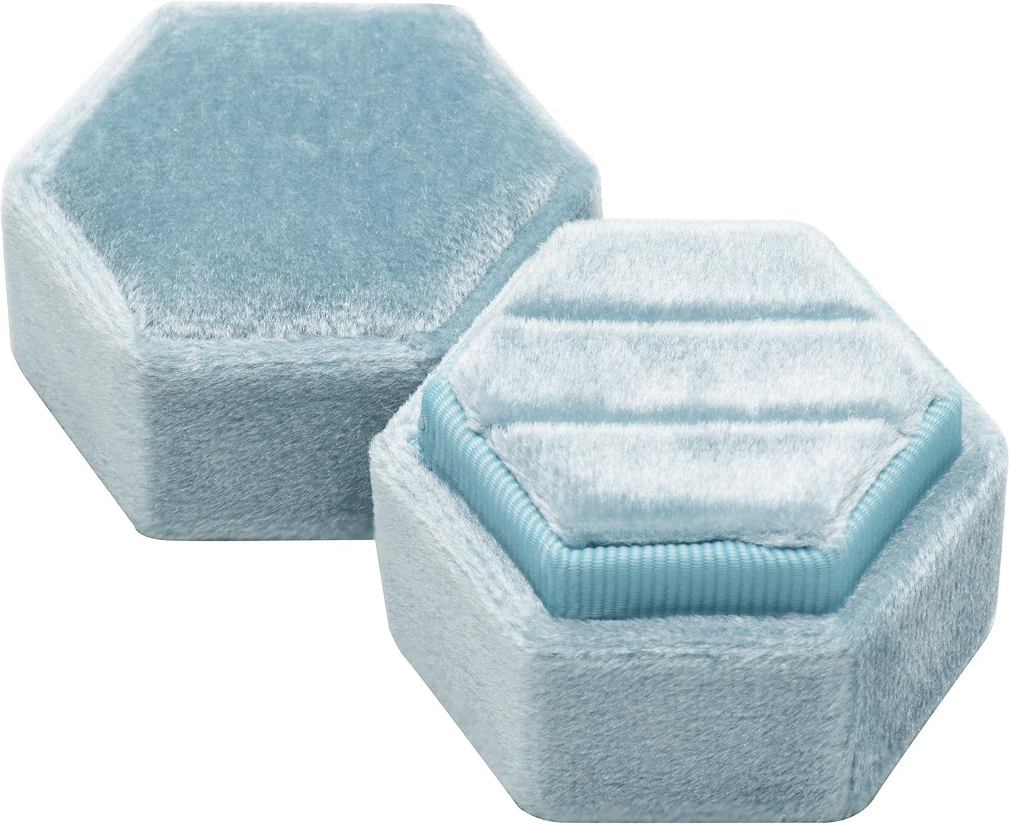 Caja anillos terciopelo soporte hexagonal doble tapa azul