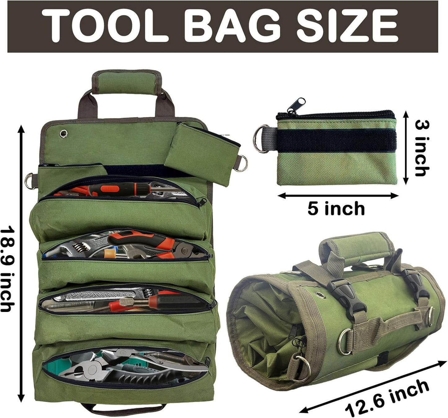 Bolsa herramientas enrollable 11 bolsillos plegable verde