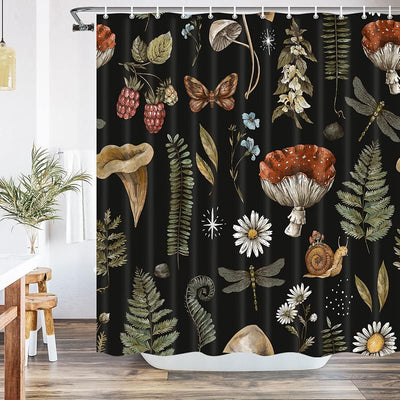 Cortina ducha vintage con hongos y helechos 69x70pulg
