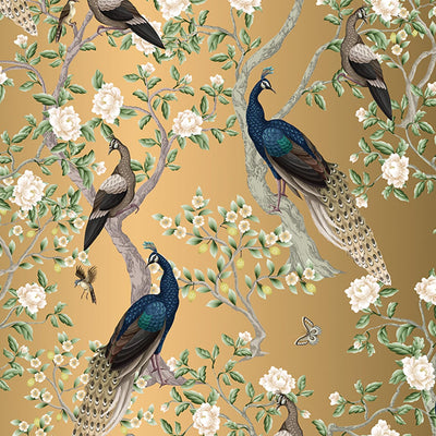 Papel tapiz vintage pavo real flores 17.5x10ft dorado autoadhesivo