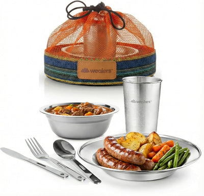 Kit vajilla acero inox camping con tazas platos cubiertos