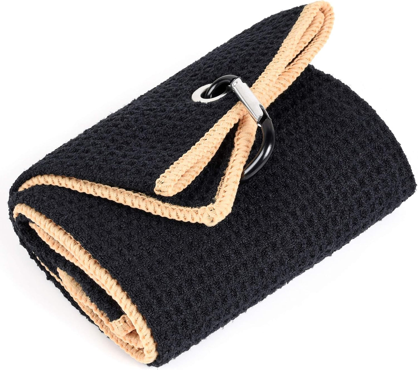 Toalla golf microfibra 3 pliegues con clip mosquetón negro amarillo