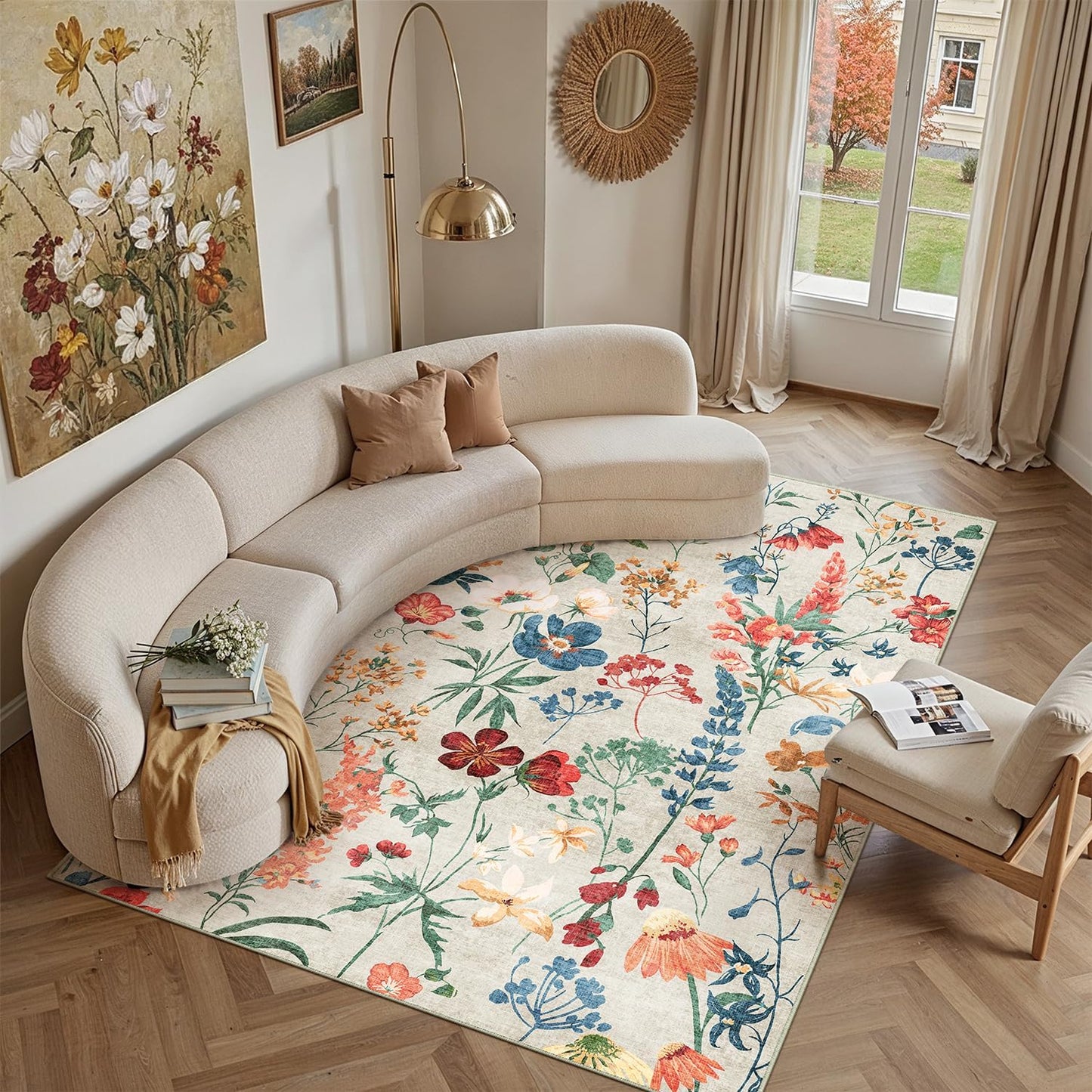 Alfombra beige 5x7 florales sala cocina boho antiderrap