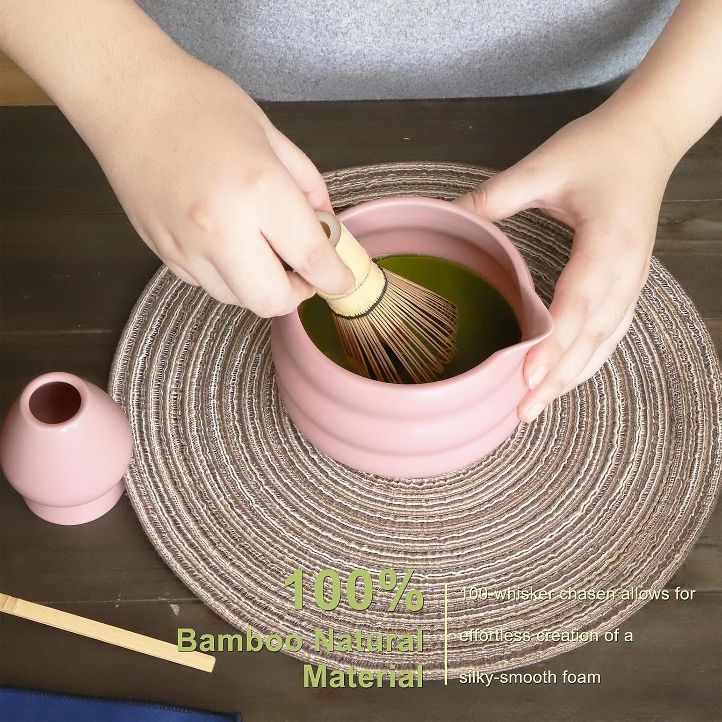 Set 7 Pzas Batidor Matcha Cerámica Cuenco Soporte Cuchara Bambú