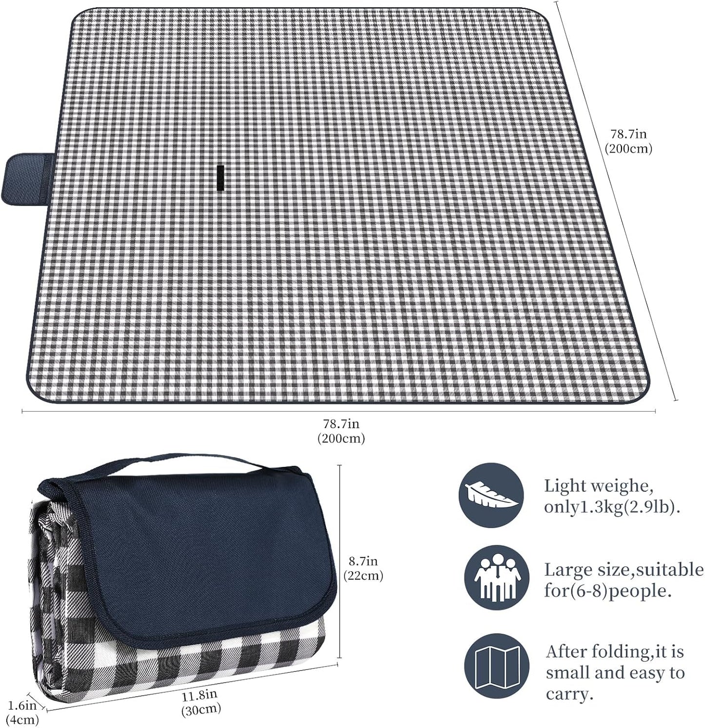 Manta picnic impermeable 80x80" azul cuadros con asa