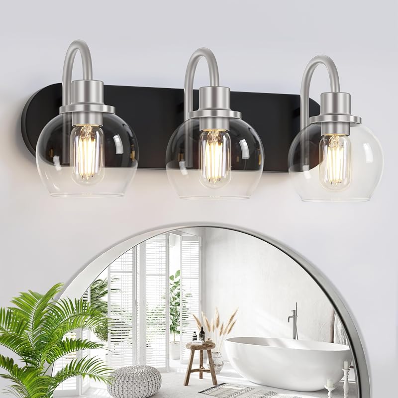 Lámpara tocador 3 luces vidrio transparente base metal negro
