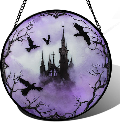 Colgante vidrio emplomado gótico morado cuervo atrapasol puerta