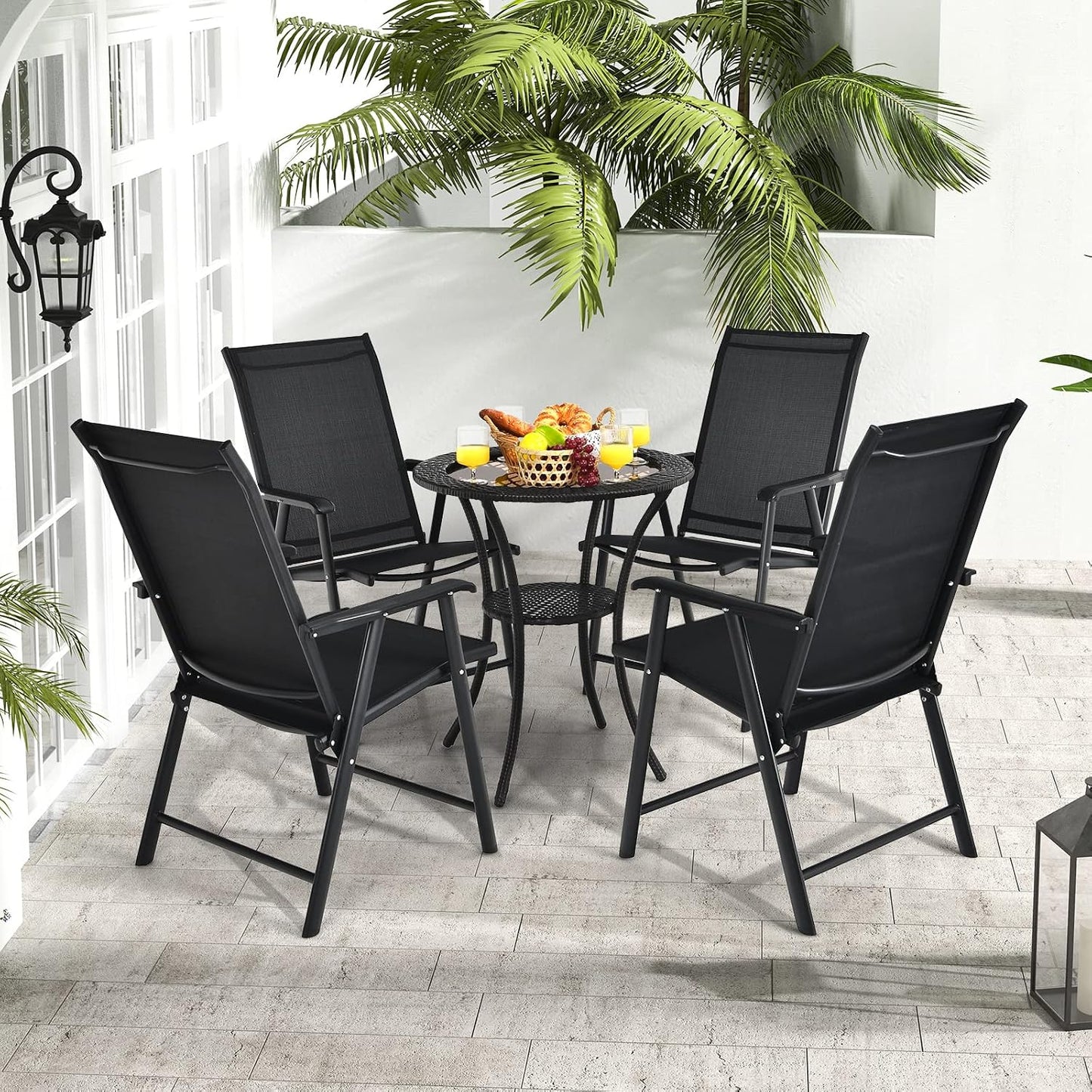 Set 4 sillas plegables tela respaldo alto patio negro
