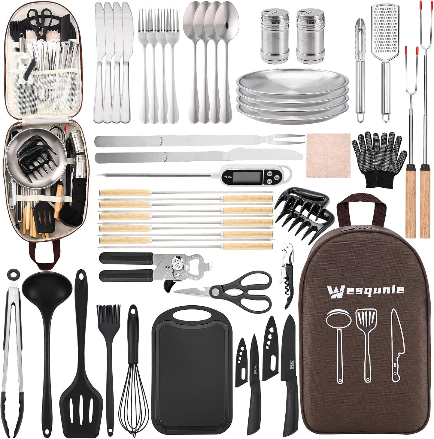 Kit cocina portátil acero inox y silicona para campamento