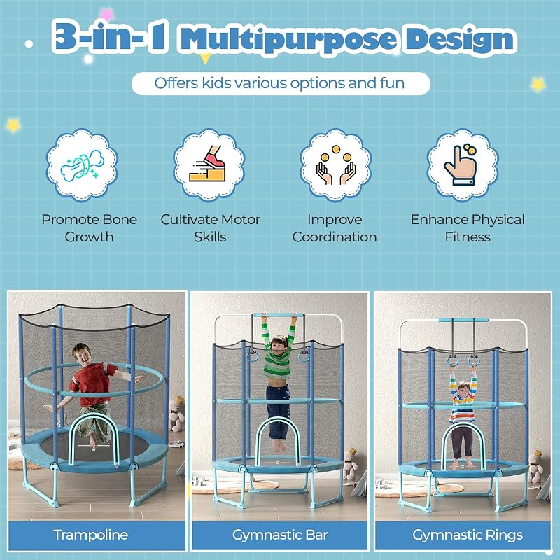 Trampolín 3en1 para niños 60" con barra gimnasia