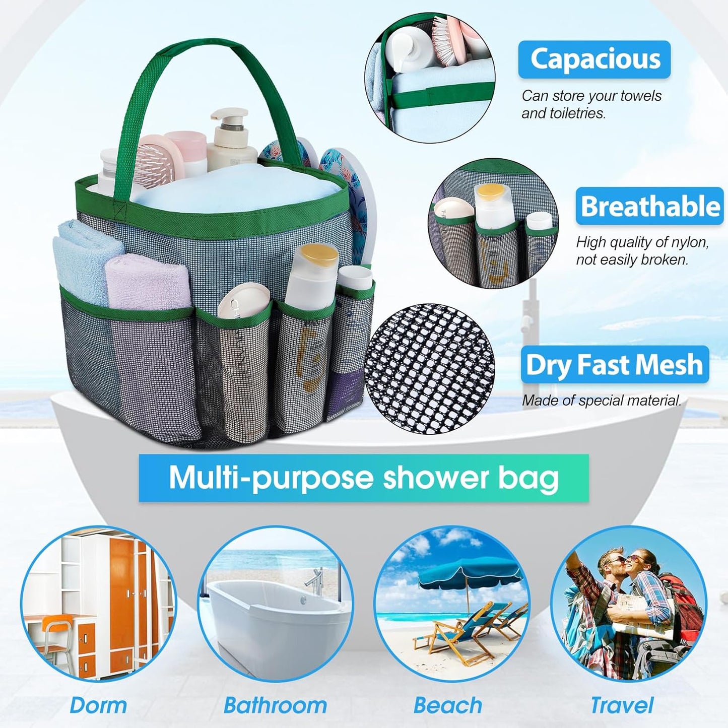 Organiz. ducha malla 8 bolsillos colgante baño
