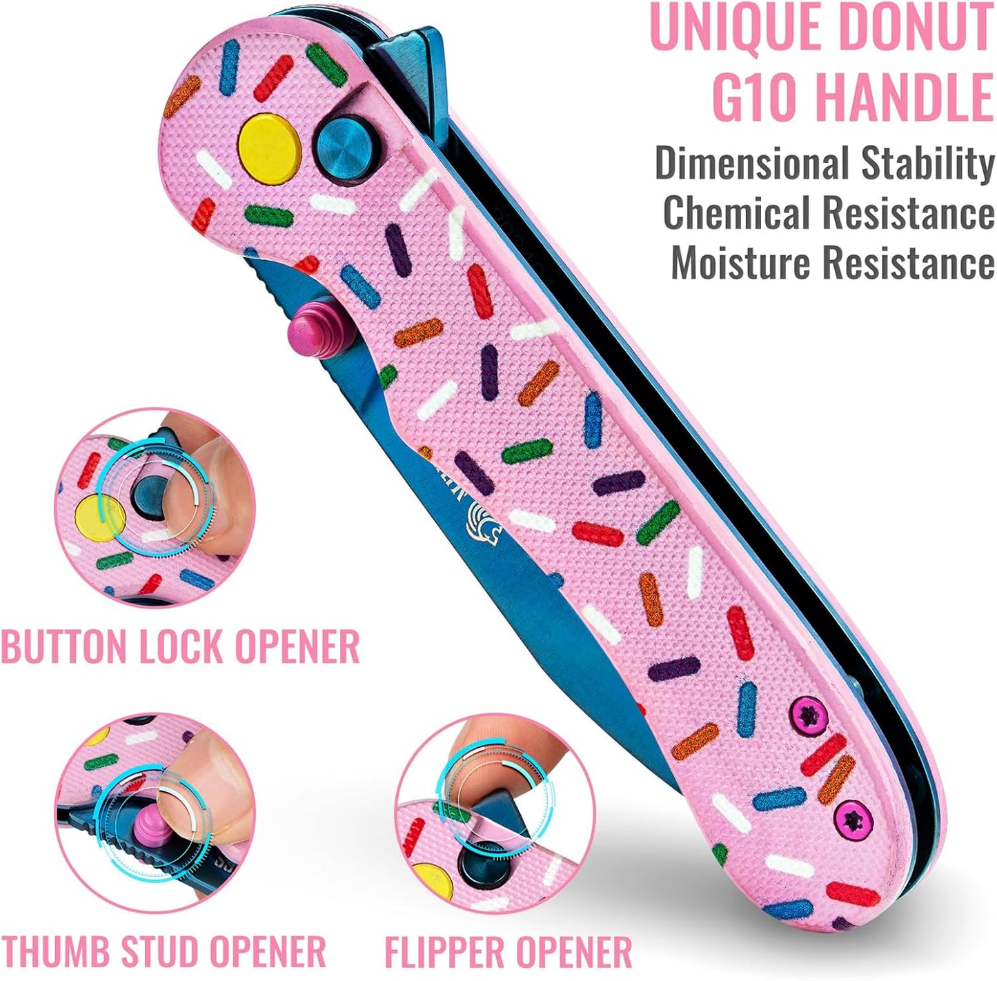 Cuchillo EDC rosa plegable 2.9pulg acero 14C28N mango G10