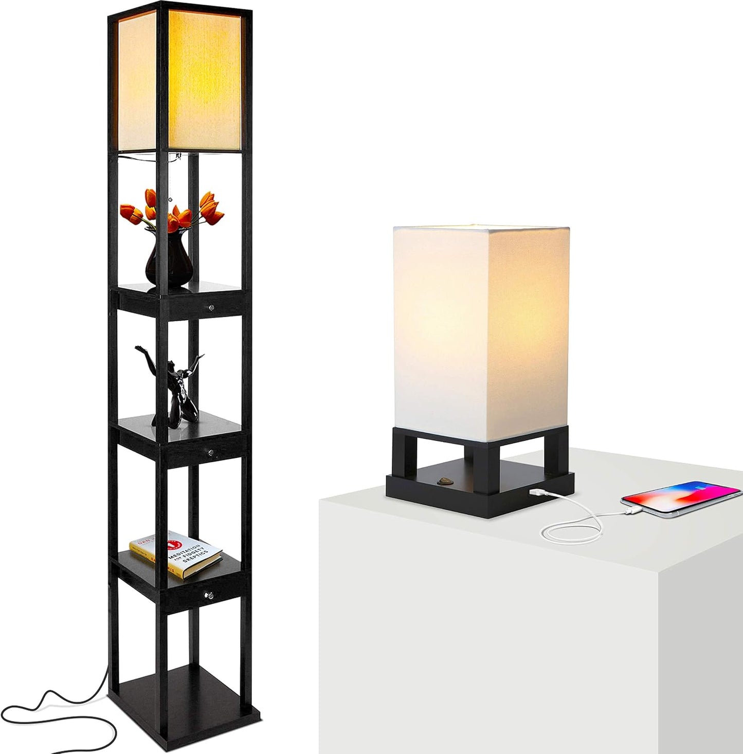 Set 2 lámparas pie y mesita con USB LED madera dormitorio
