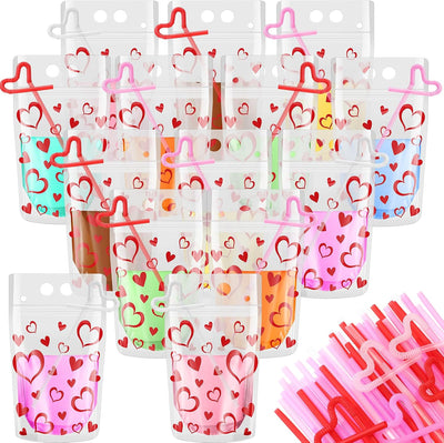 60 Bolsas Bebidas Corazón 16oz Reutilizables para San Valentín