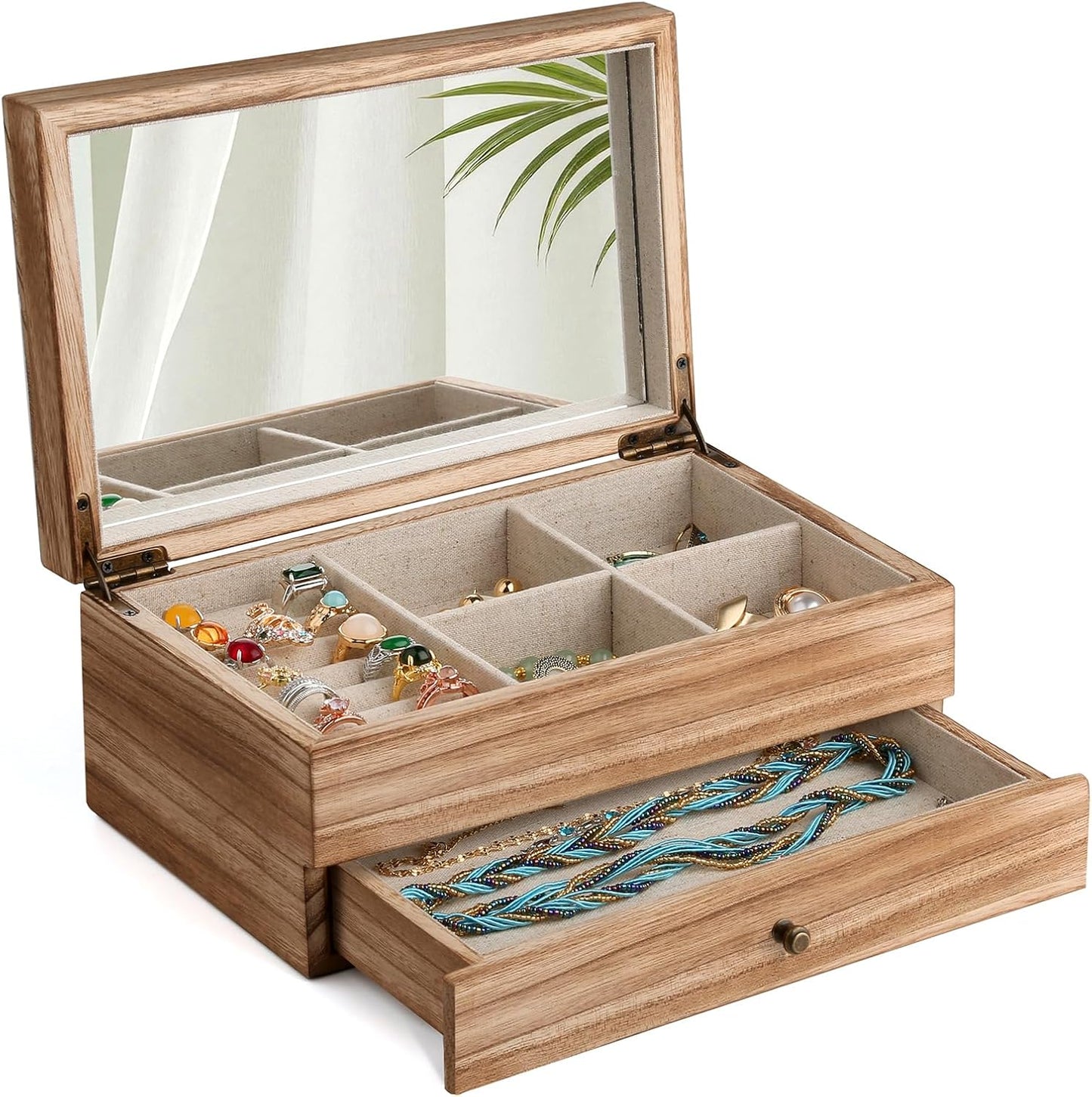 Caja organiz. joyas madera rústica con espejo y bandeja