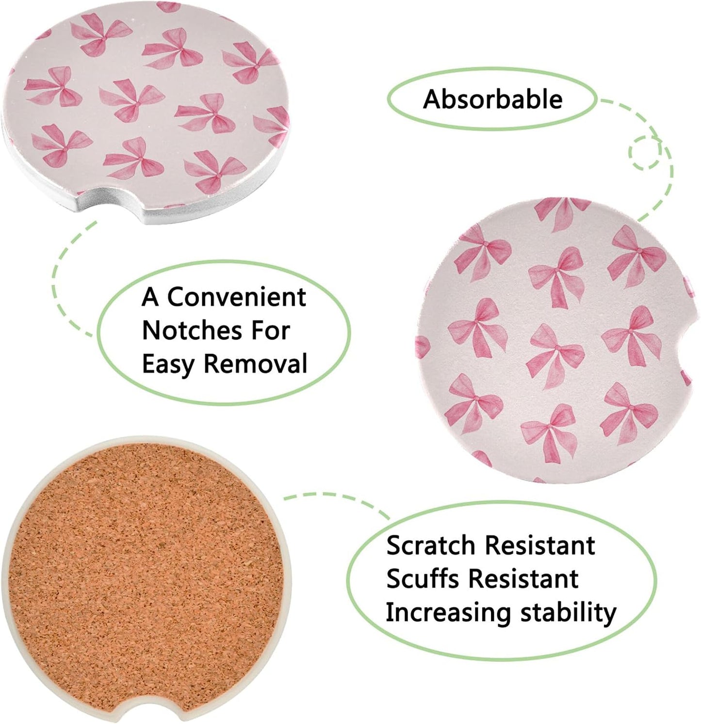Posavasos cerámica con lazo rosa para auto set 2