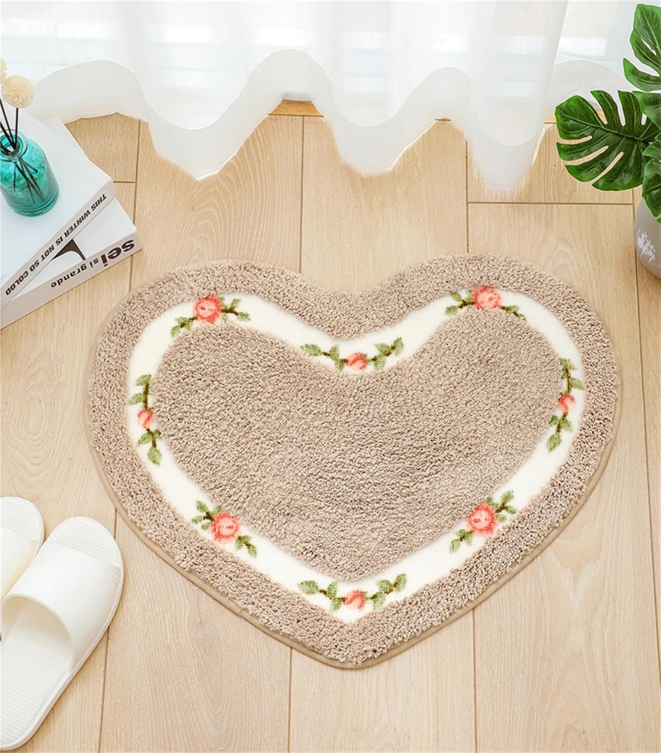 Alfombra ducha forma corazón camello 19.7x23.6pulg