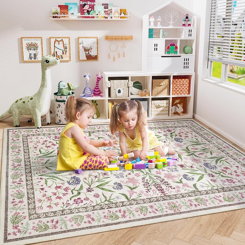 Alfombra 6x9ft estampada flores para sala dormitorio niña