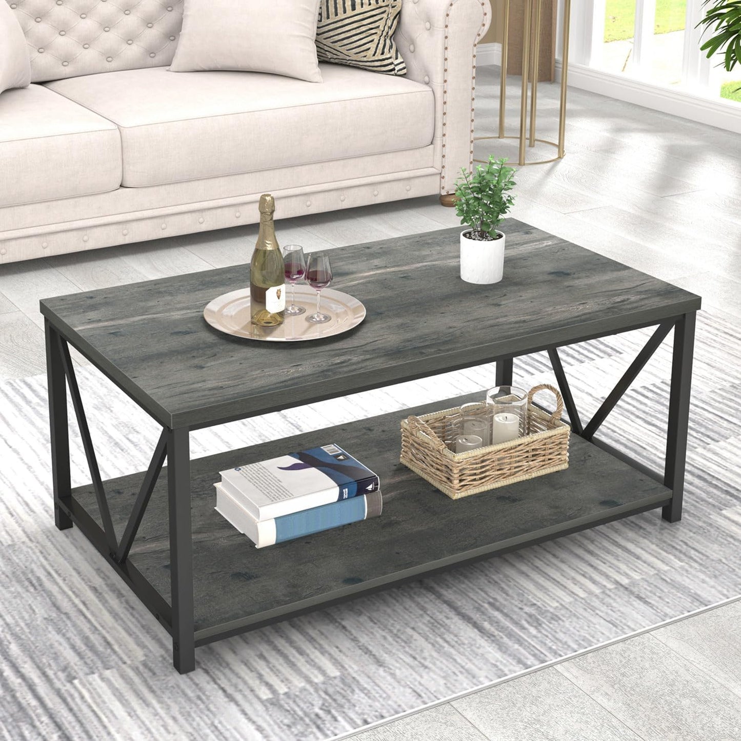 Mesa auxiliar sala de estar madera rústica y metal 39.3pulg gris