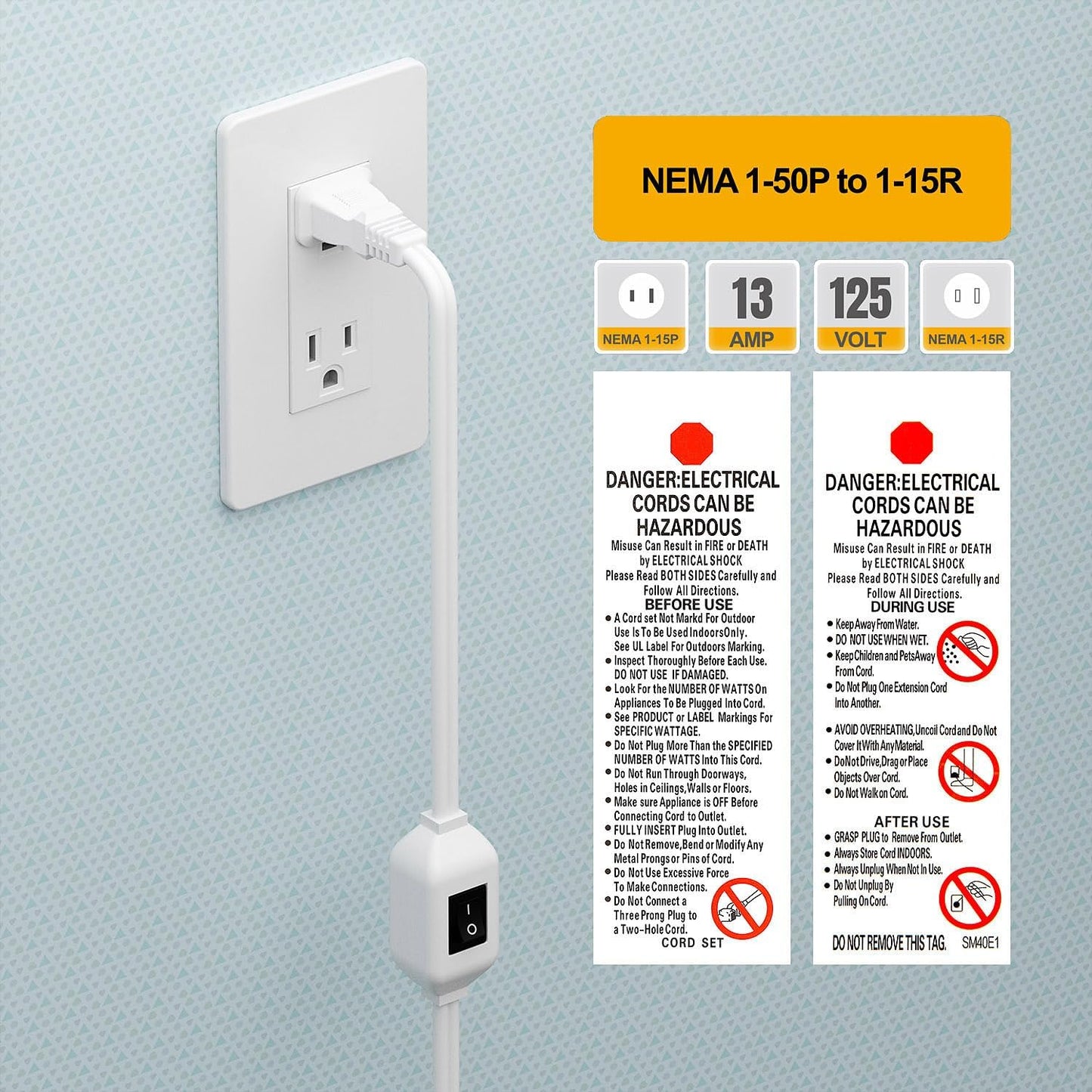 Cable extensión con interruptor 2 pies 12A/125V para cargadores