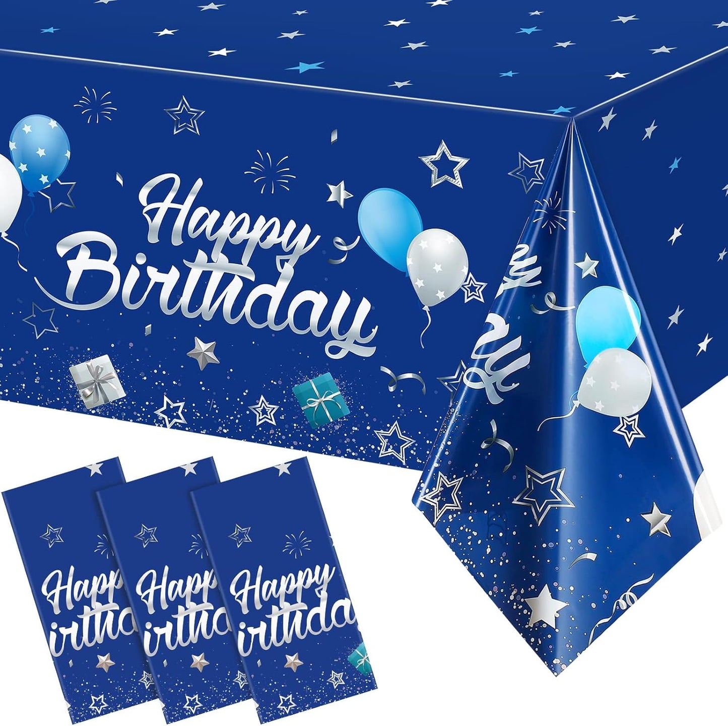 Manteles cumpleaños estrellas confeti azul marino plateado set 3