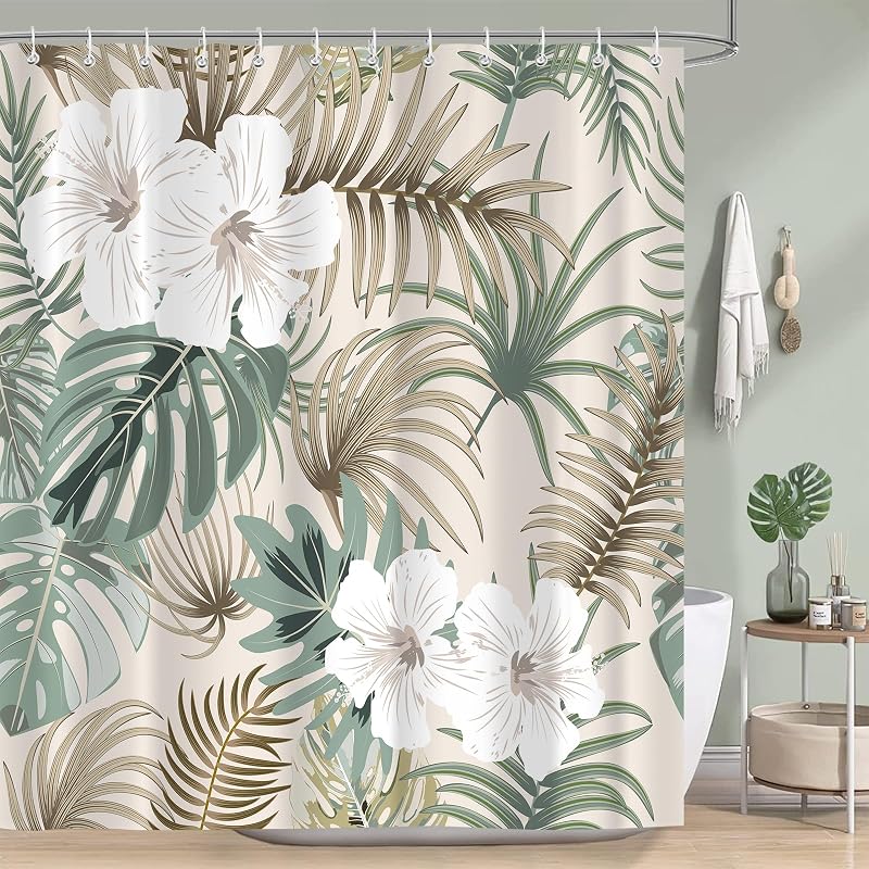 Cortina ducha bohemia palmera verde con ganchos