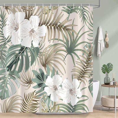Cortina ducha bohemia palmera verde con ganchos