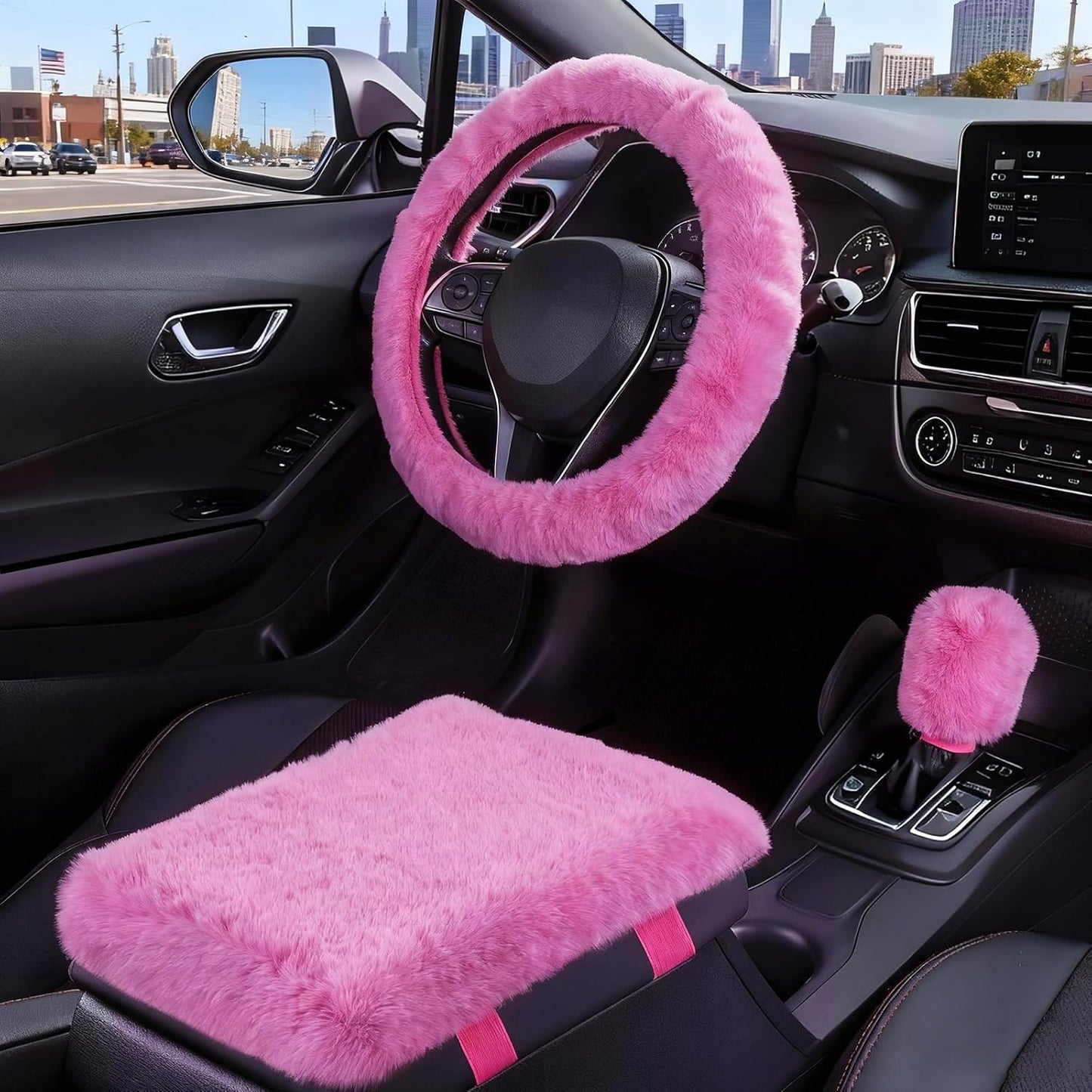 Funda peluda volante auto con palanca cambios y consola