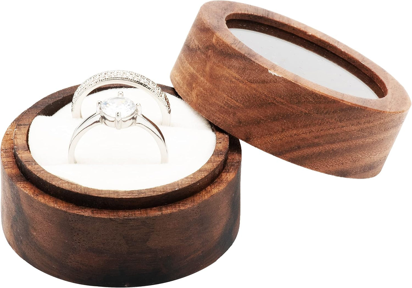 Caja redonda madera anillos tapa transparente boda