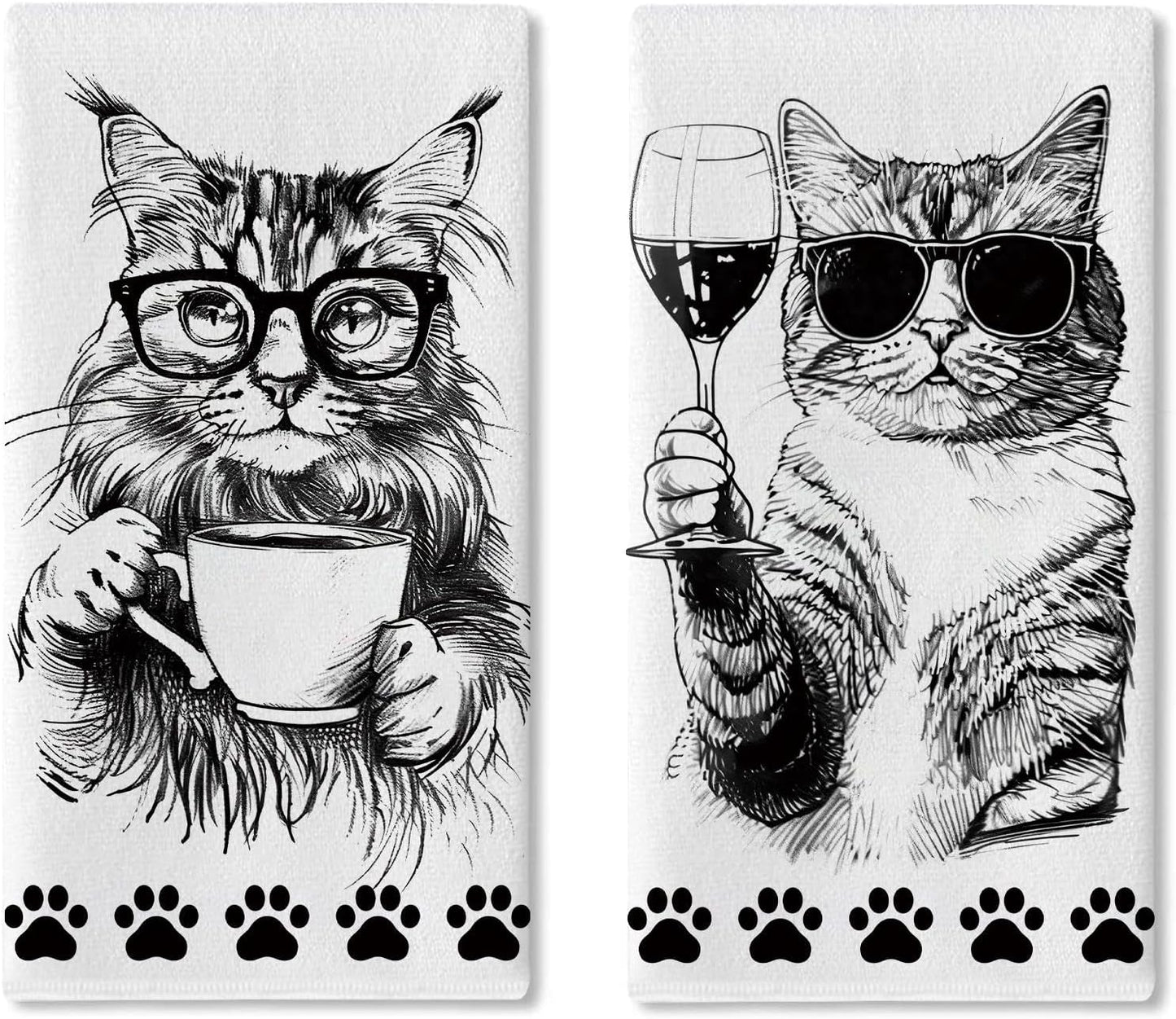 Toallas cocina gato set 2 negras blancas con estampado patas